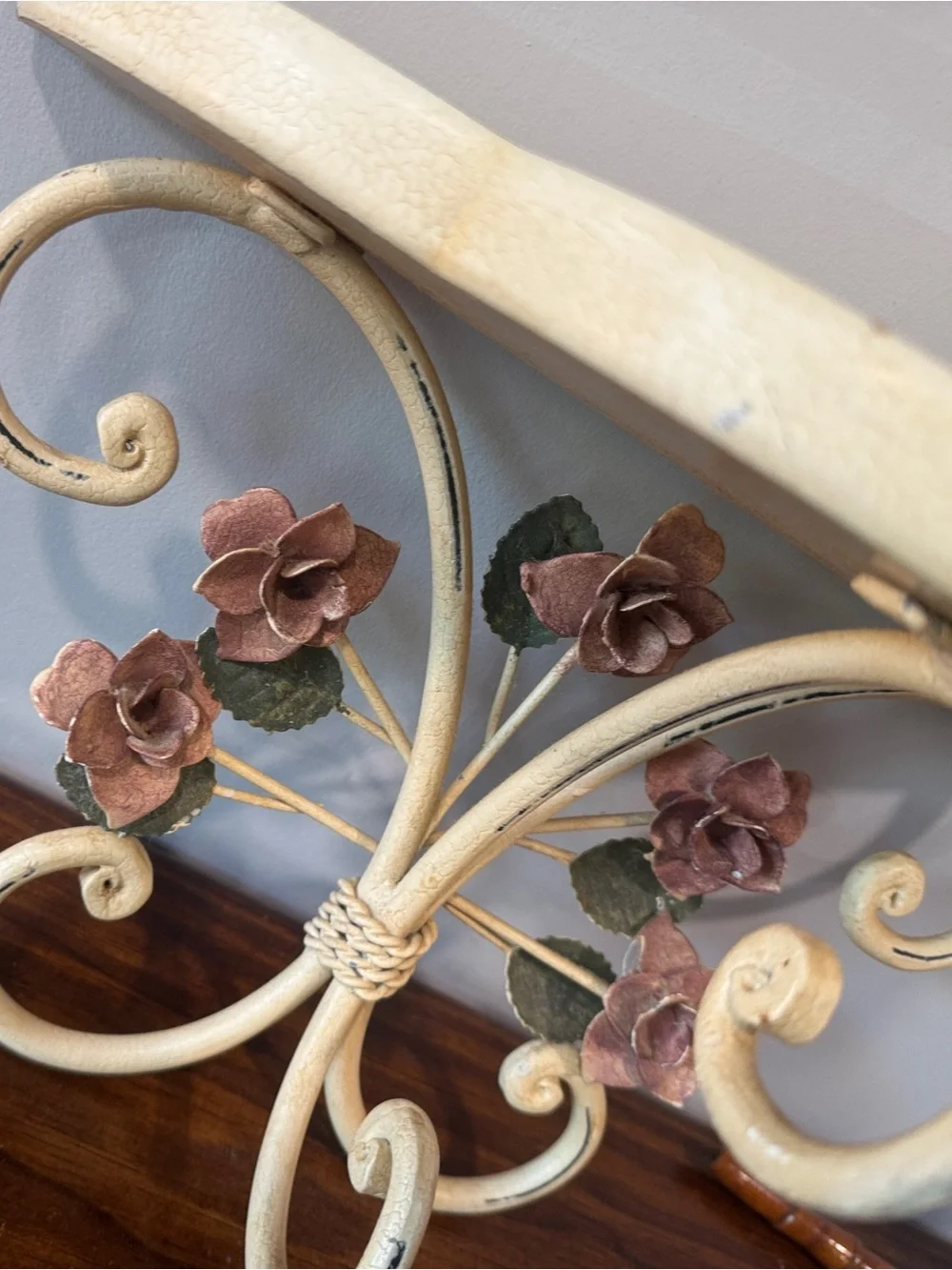 Vintage Decorative Wrought Iron Wall Hook with Pink Rose Accents